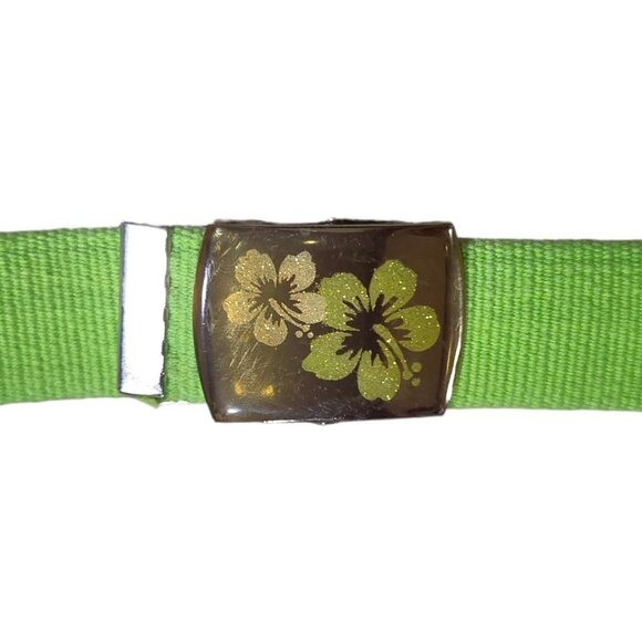 Y2K Bright Lime Green Brat Hibiscus Floral Adjustable Canvas Belt - Picture 2 of 3